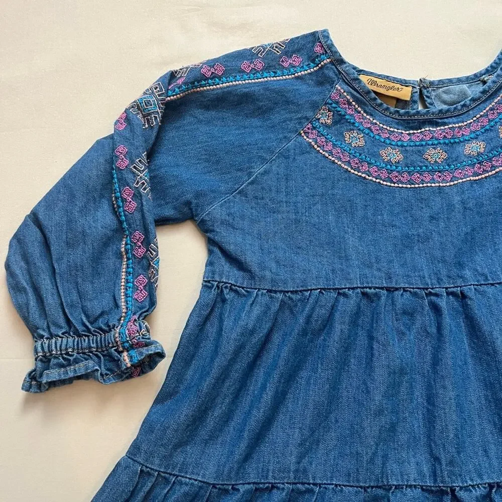 Wrangler Girls Embroidered Tiered Swing Denim Shirt Size Medium